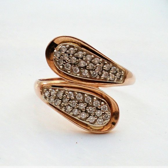 Vintage Russian Russia USSR 14K 585 Rose Pink Gold 0.37CT CZ Cluster Bypass Ring - Picture 2 of 10
